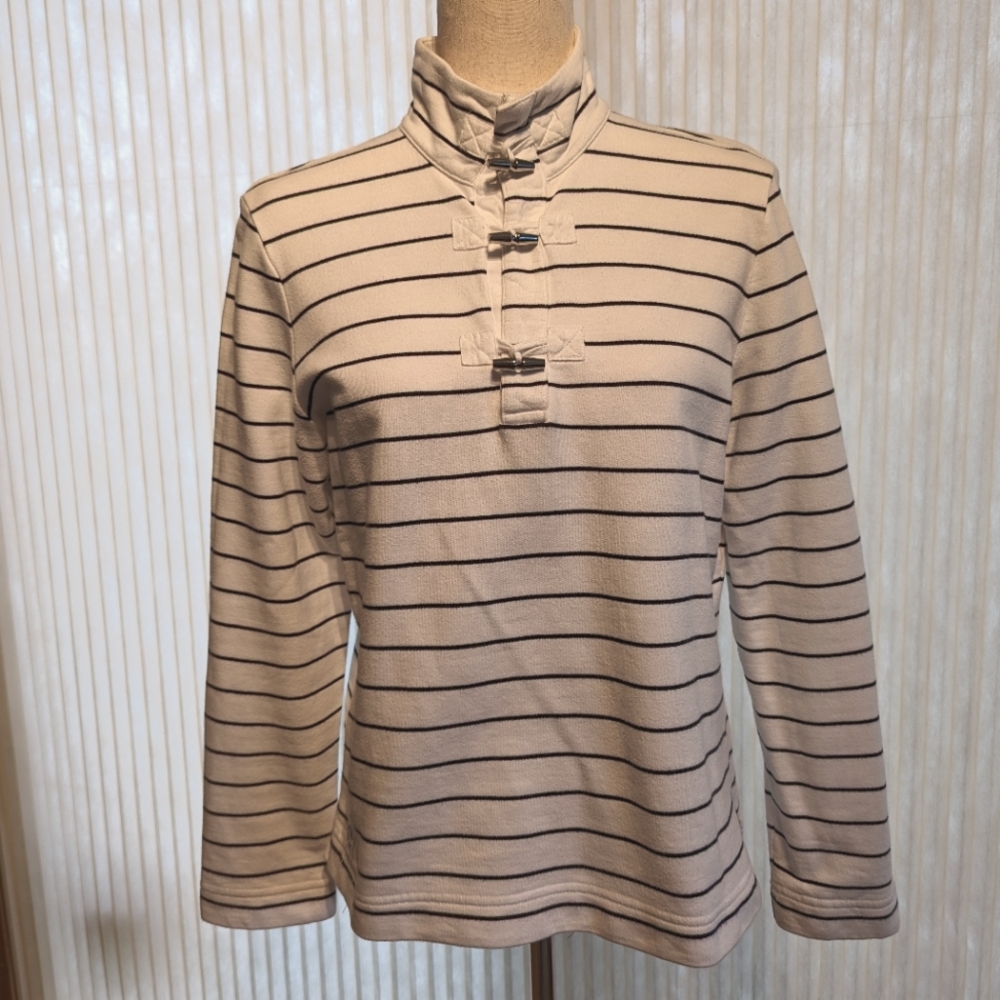 Lauren Ralph Lauren Women's Long Sleeve Top Striped White Black Silver Toggles M